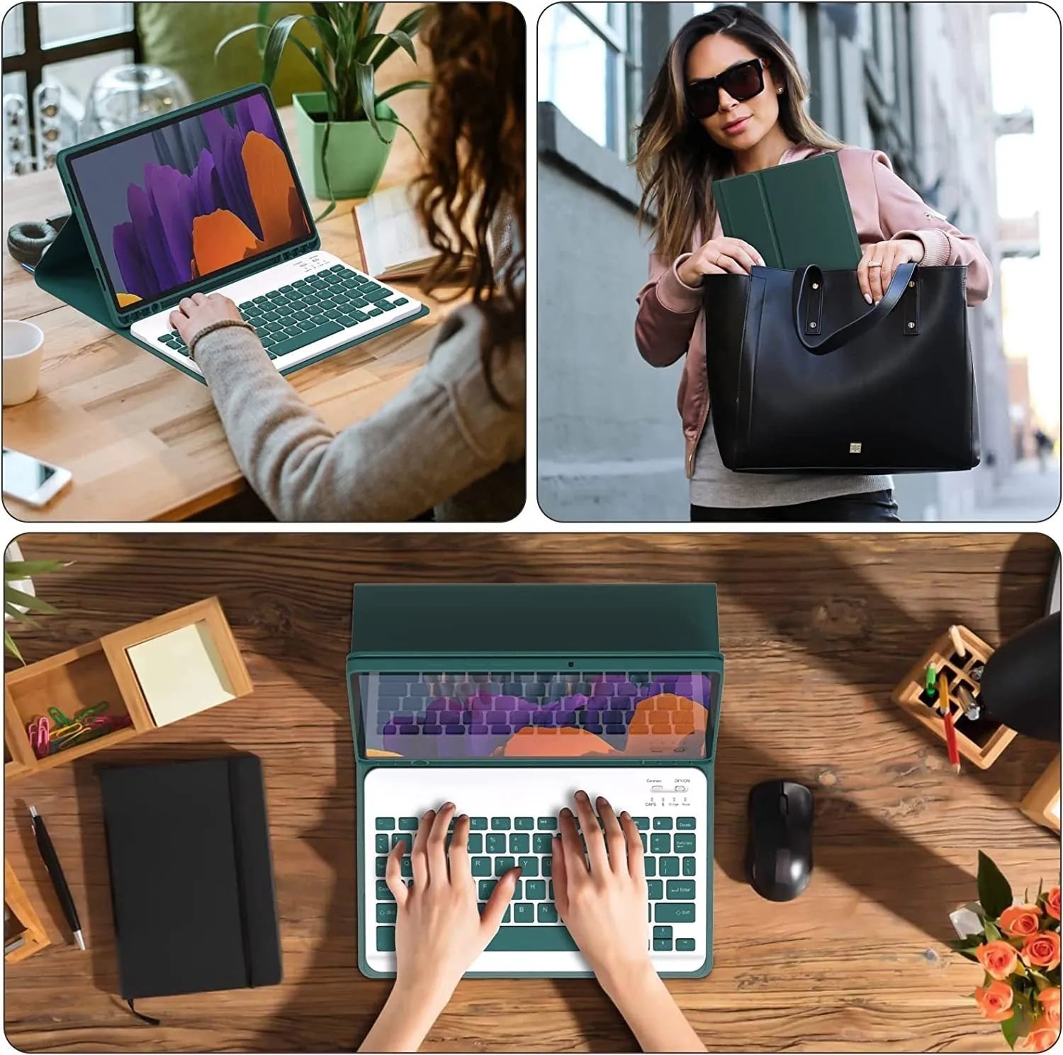 Samsung Galaxy Tab S tablet in a black leather-look case next to a wireless keyboard and charging mouse.