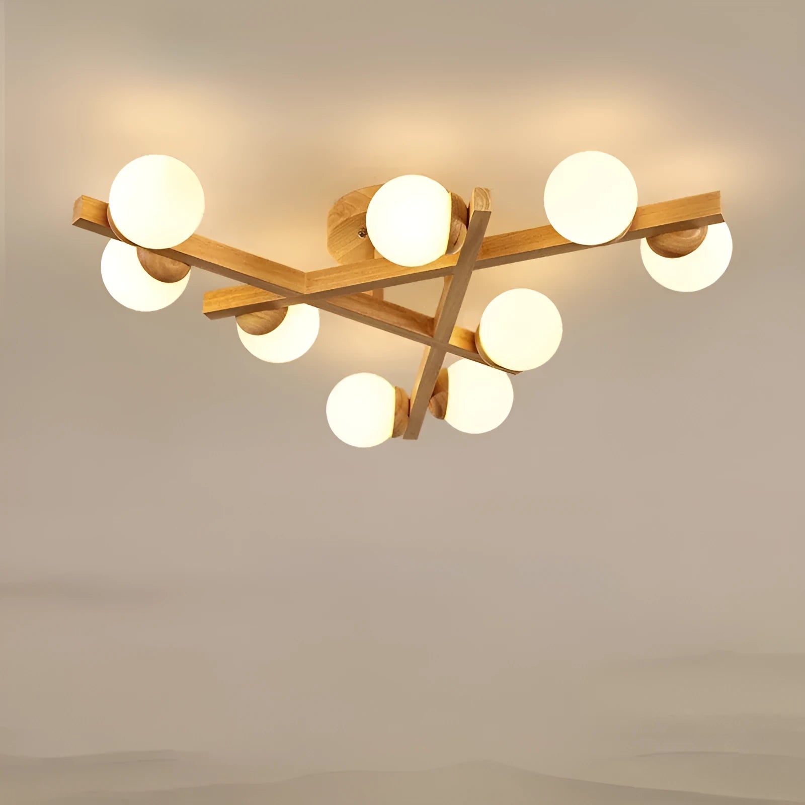 Wooden style Scandinavian three-head ceiling light with flush mount installation