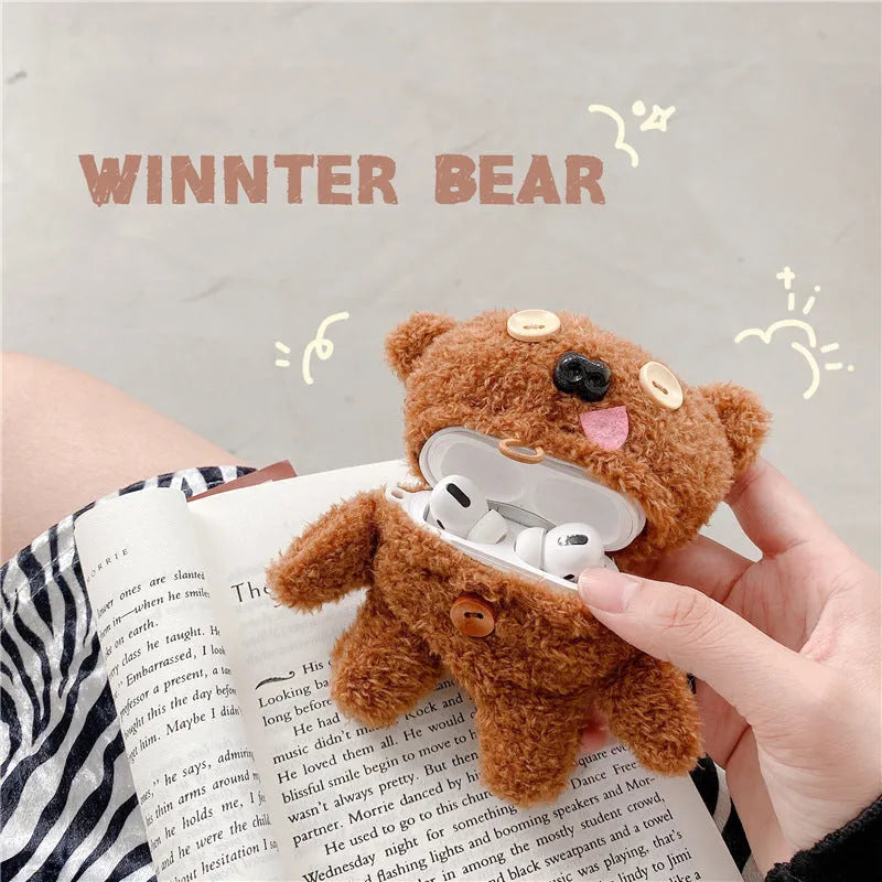 Brown plush button tongue bear earphone case flip type for AirPods and FreeBuds