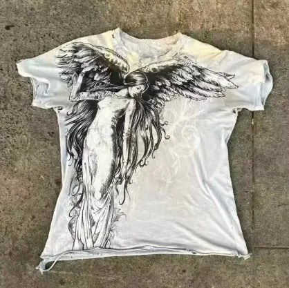 Men's Gothic cartoon print short sleeve casual top in dark colour with graphic design