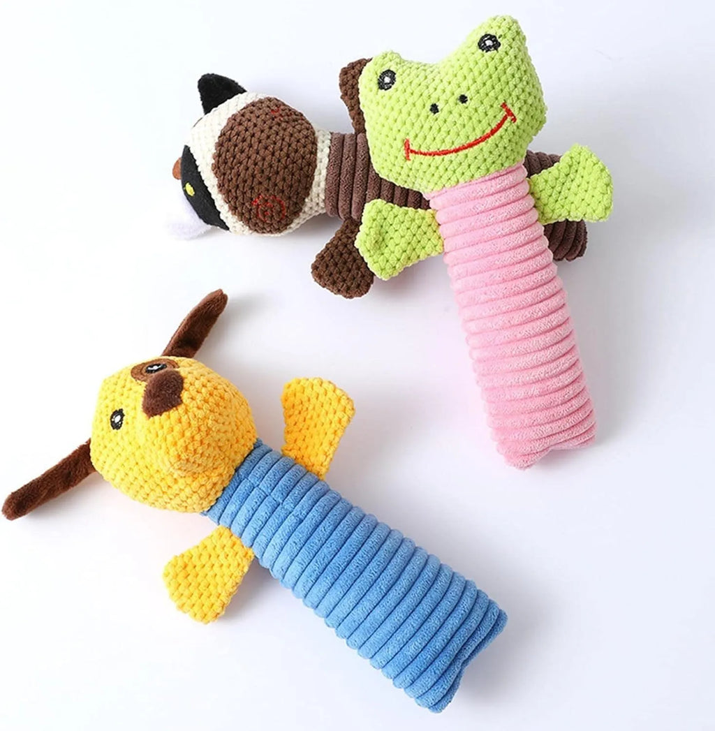 Soft plush dog squeaky chew toy in animal shapes including a calf, frog, and puppy, shown with scale for its 19cm by 5cm size.