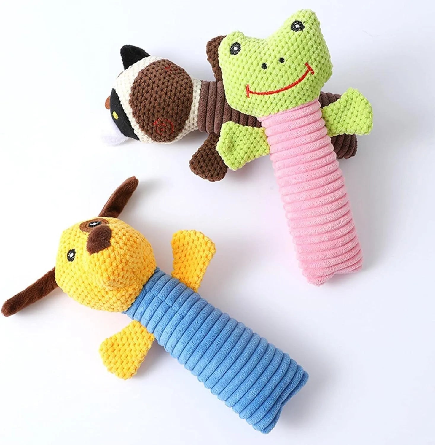 Soft plush dog squeaky chew toy in animal shapes including a calf, frog, and puppy, shown with scale for its 19cm by 5cm size.
