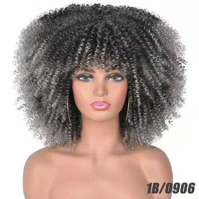 African small curly hair afro wig headgear in high temperature silk with bangs, available in multiple colours