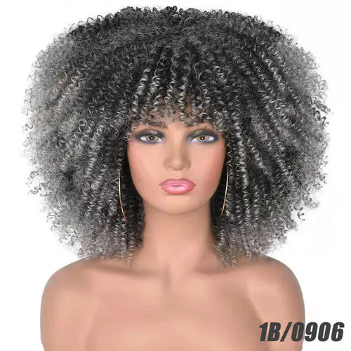 African small curly hair afro wig headgear in high temperature silk with bangs, available in multiple colours