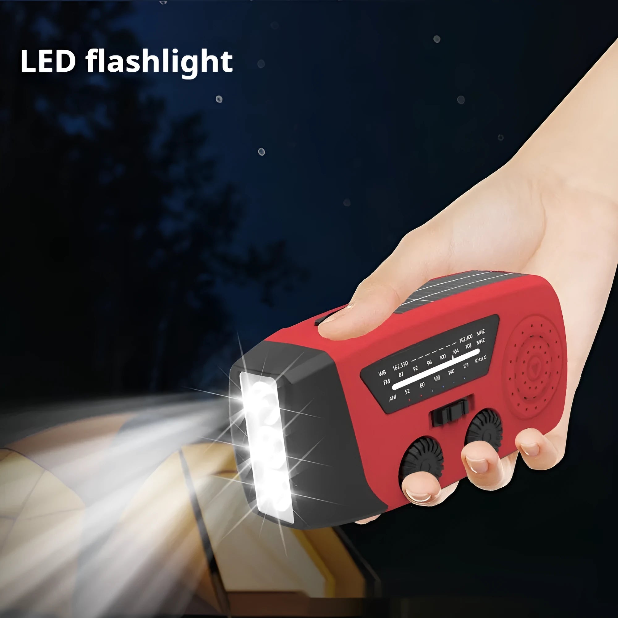 Red rechargeable emergency hand radio torch with built-in speaker and USB port