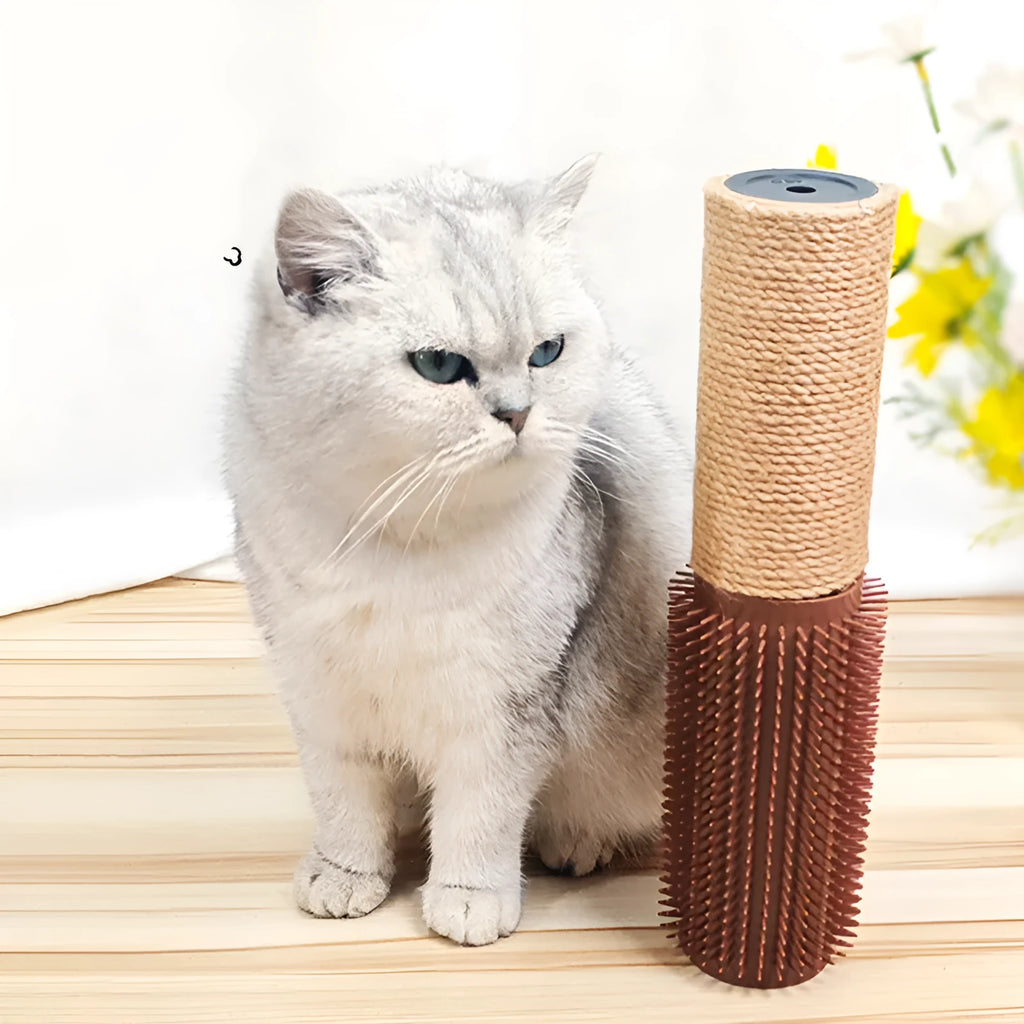 Brown sisal rope cat scratching post standing 30cm tall on a square base.