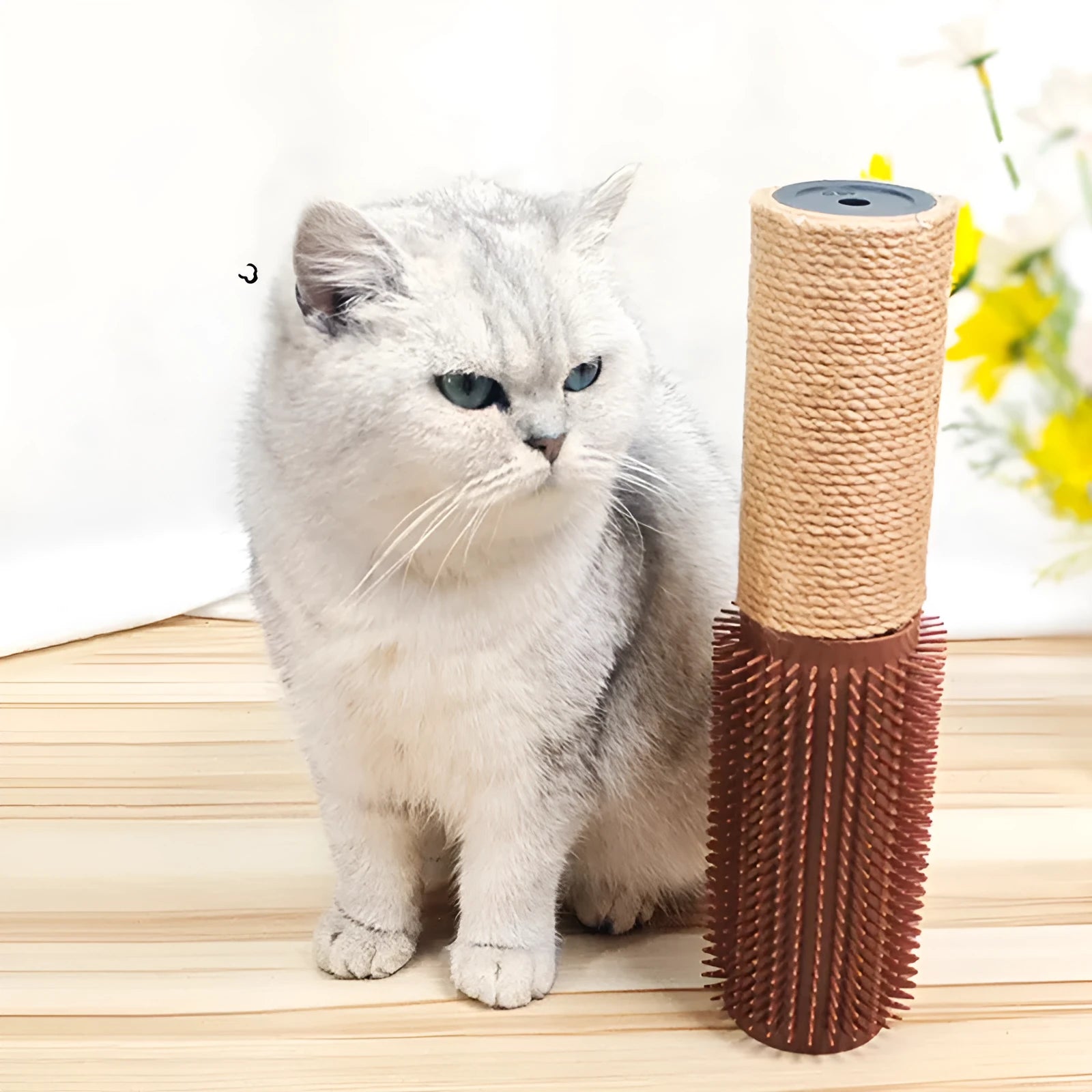 Brown sisal rope cat scratching post standing 30cm tall on a square base.