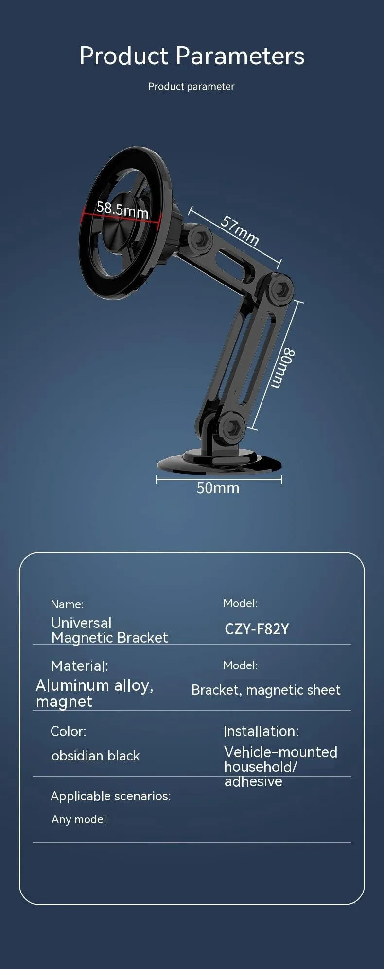 All-metal magnetic car phone holder in black, silver, gold and rose gold colours with magnetic rings and adhesive pads