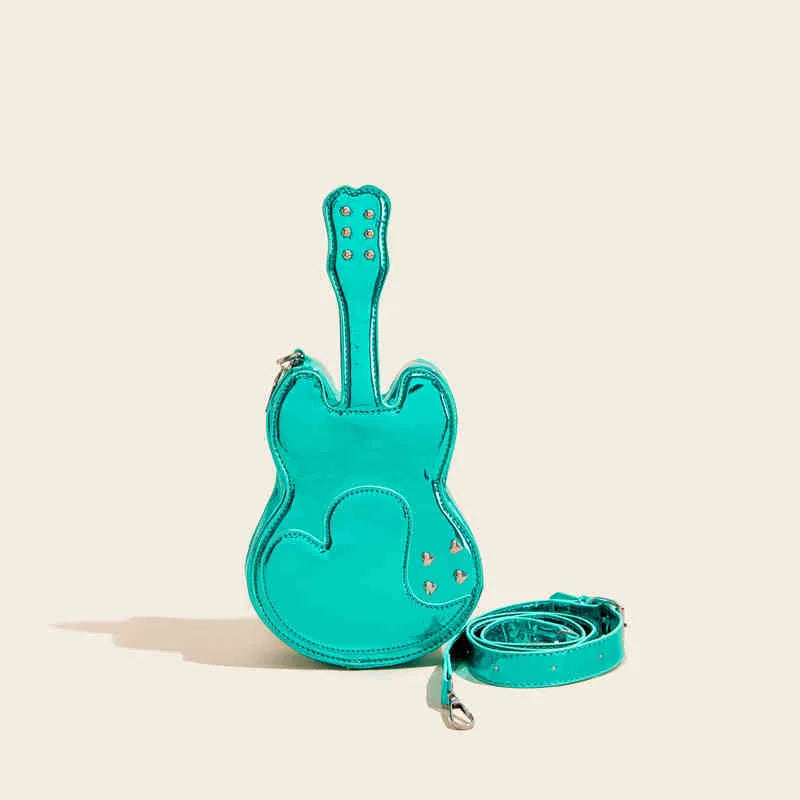Guitar-shaped black PU leather crossbody shoulder bag showing front design