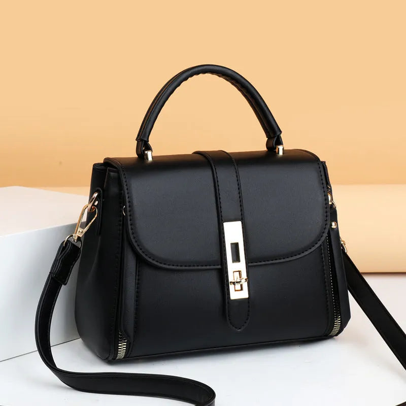 Soft PU leather women's messenger bag in a square vertical shape, shown in one of four colours.