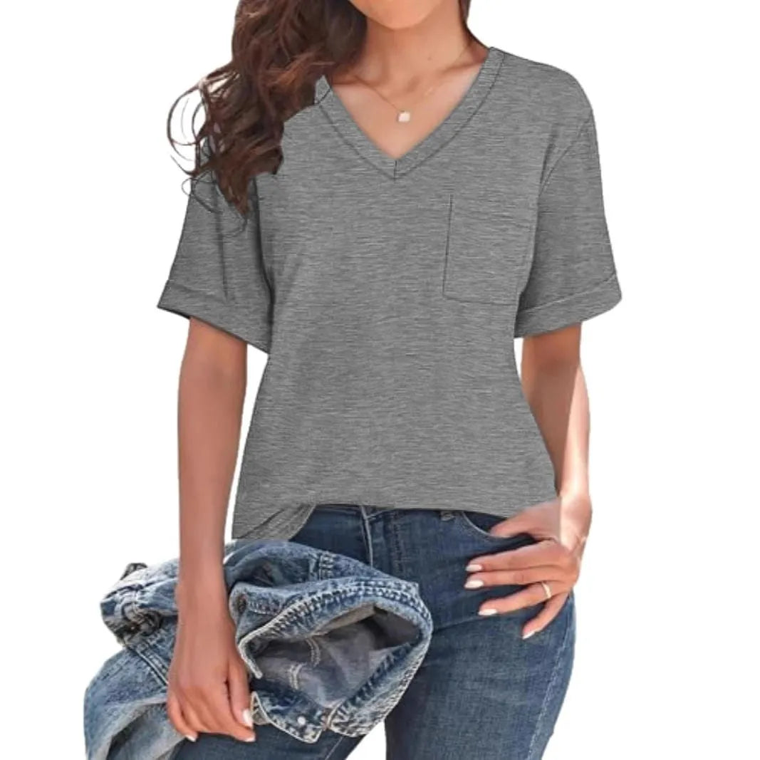 Grey loose V-neck t-shirt with chest pocket on mannequin showing Asian sizing label