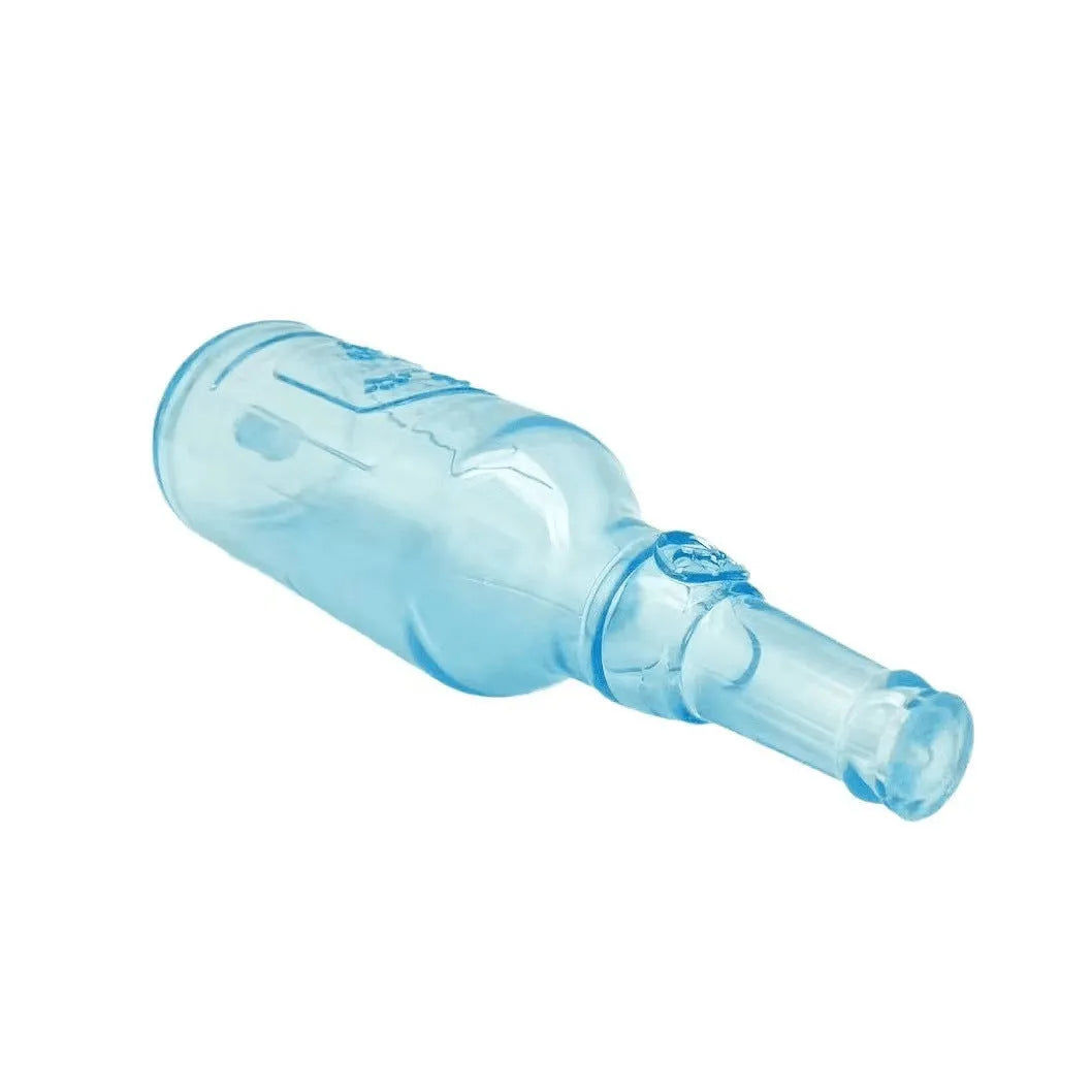 Blue natural rubber dog toy shaped like a water bottle with a squeaker tail.