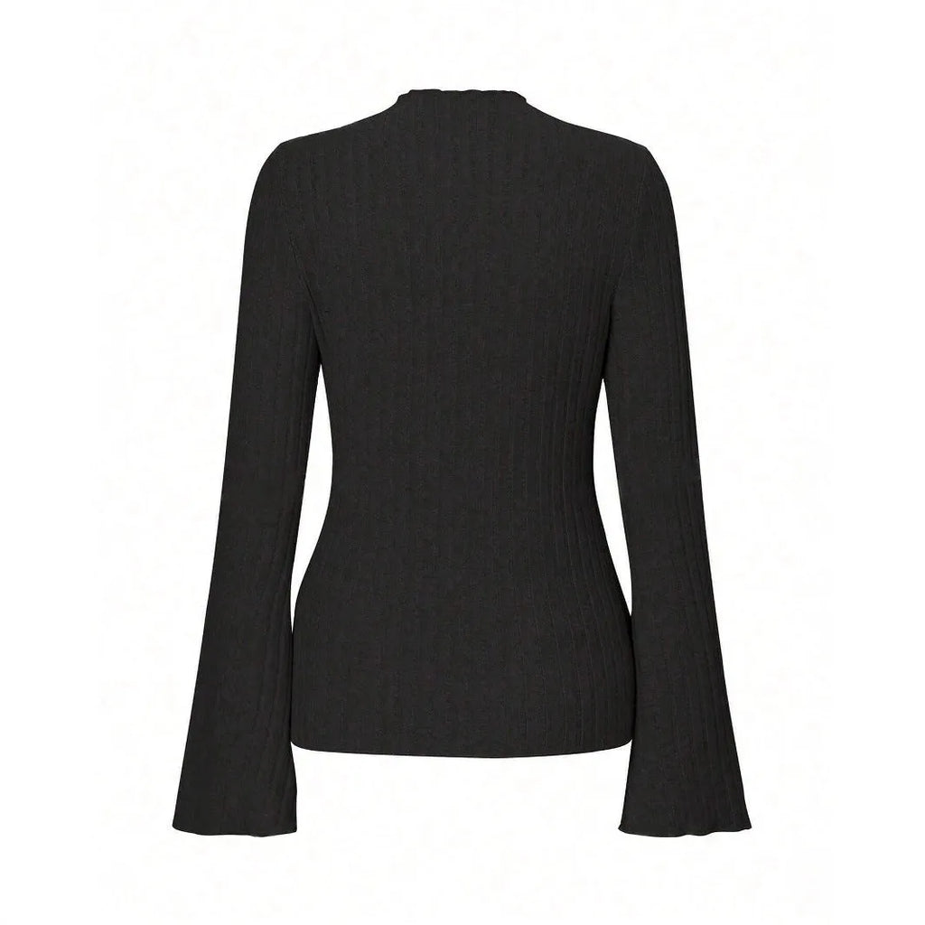 Long sleeve round neck polyester top with sunk stripe texture in black colour