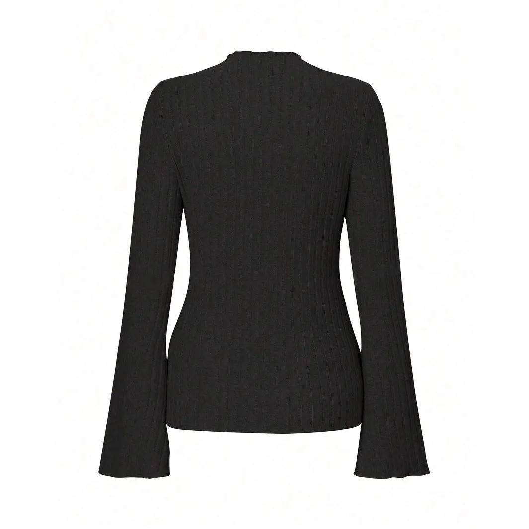 Long sleeve round neck polyester top with sunk stripe texture in black colour