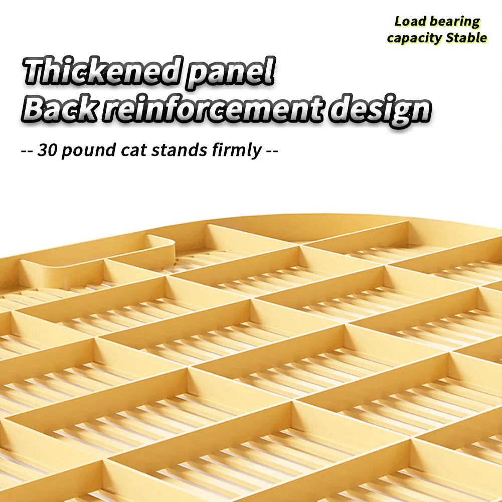 Oversized milk yellow plastic cat litter mat with anti-slip silicone feet on a hardwood floor