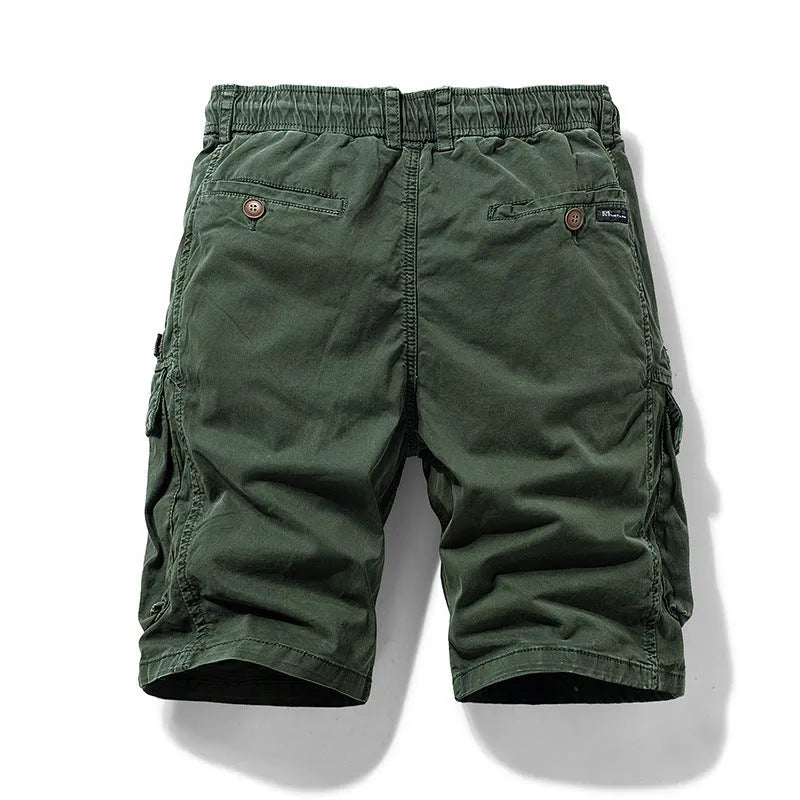 Men's cotton shorts with multiple pockets and a zipper in army green