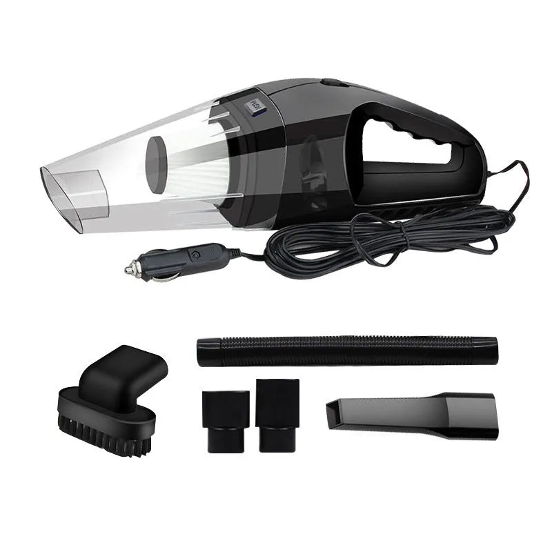 Portable 12V car vacuum cleaner in orange colour with nozzle attachments for automotive interior cleaning