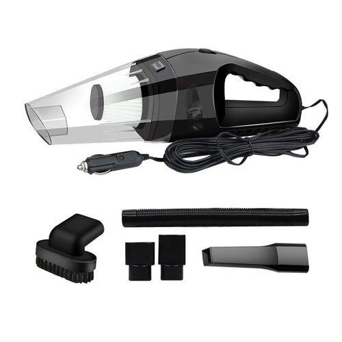Portable 12V car vacuum cleaner in orange colour with nozzle attachments for automotive interior cleaning