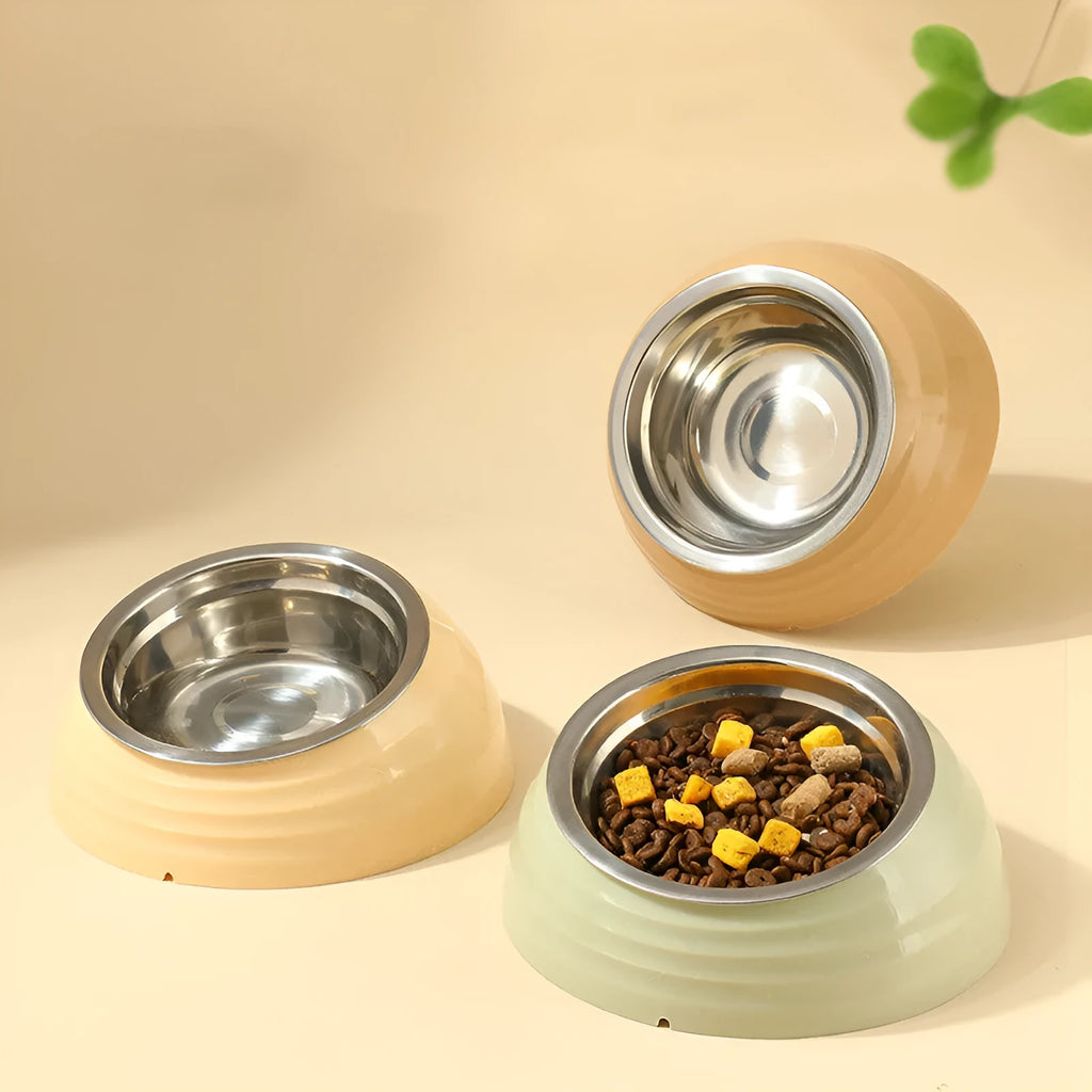 Stainless steel cat bowl with plastic non-slip base in a choice of beige, brown, or light green colours.