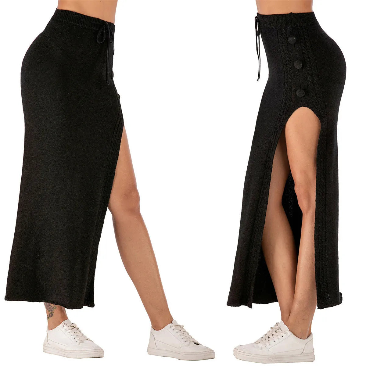 Slim-fit acrylic mid-length skirt with side split in black, pink and grey colour options