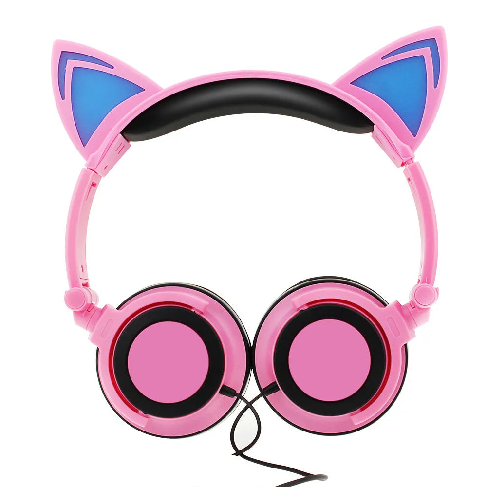 LED illuminated cat ear headphones in various colours showing lighted ears and cushion, with 3.5mm cable.