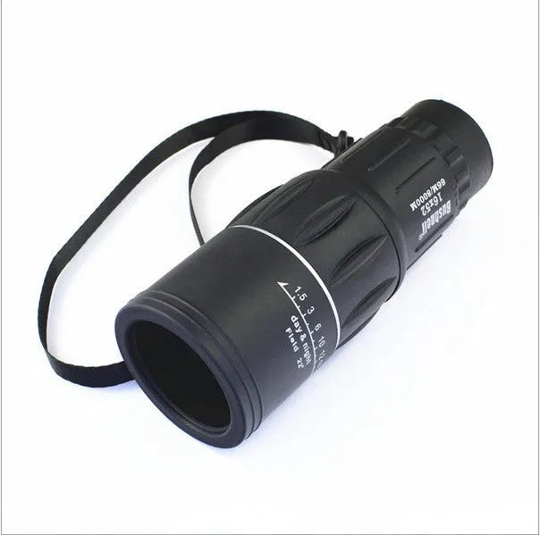Black 16x52 monocular with 52mm objective lens and textured grip