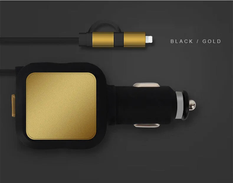 Black and gold dual USB car charger with retractable cable shown plugged into vehicle power socket