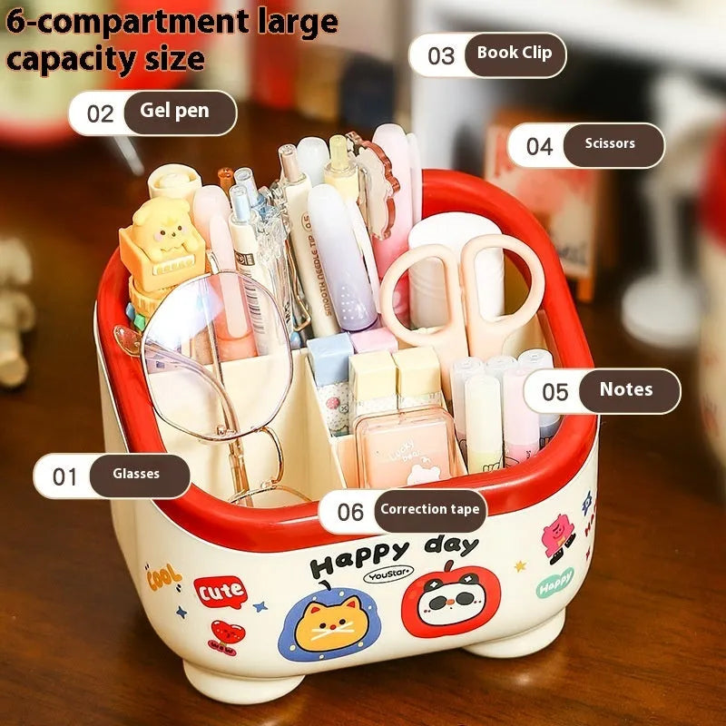 Red and brown cartoon-style plastic desktop storage organiser with grid compartments.