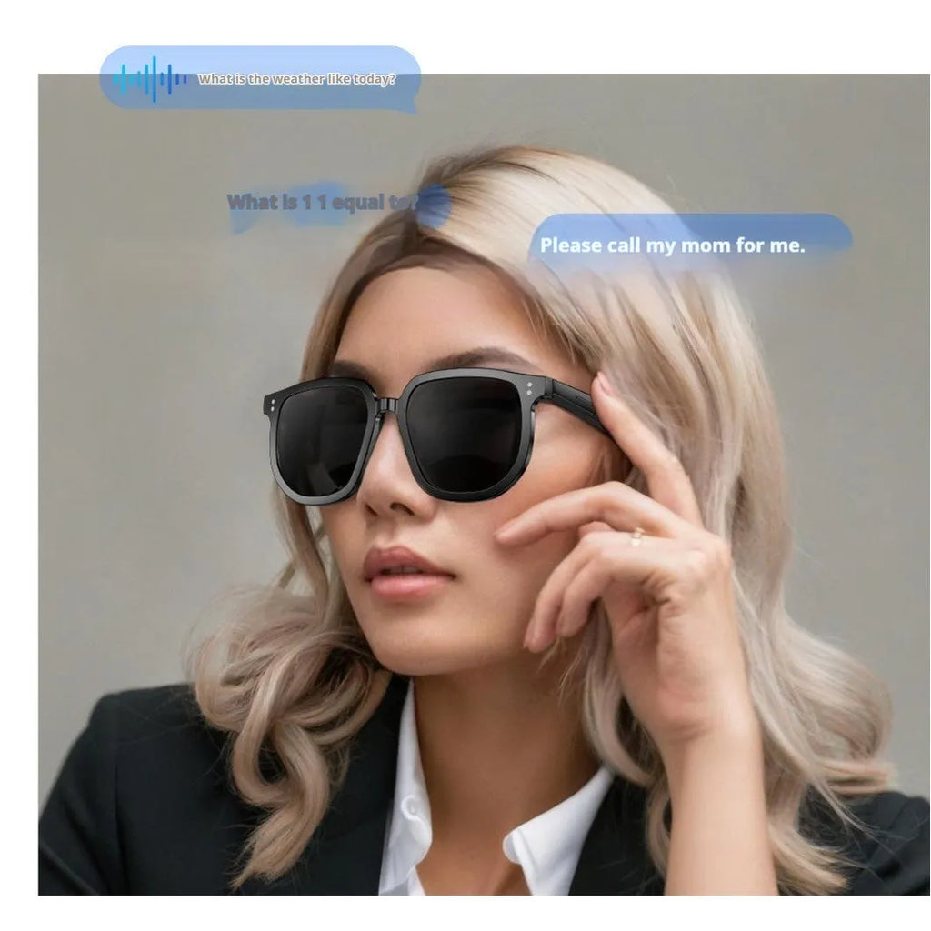 Black AI smart glasses with Bluetooth audio, touch control, and UV-protective sunglass lenses.