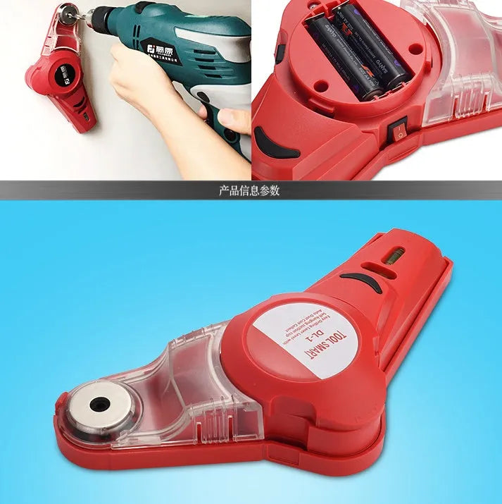 Red portable infrared laser level with punching function on a wooden workbench.