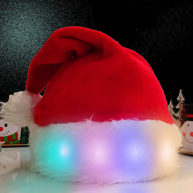 Red and white plush Santa hat with pom-pom and multicolour LED lights lit up around the base.