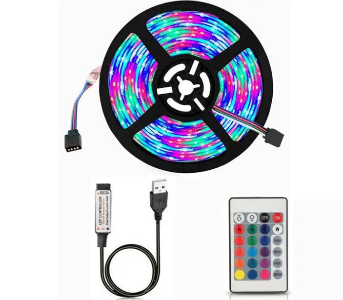 USB-powered flexible LED light strip showing multiple colour options including white, blue, and red illumination
