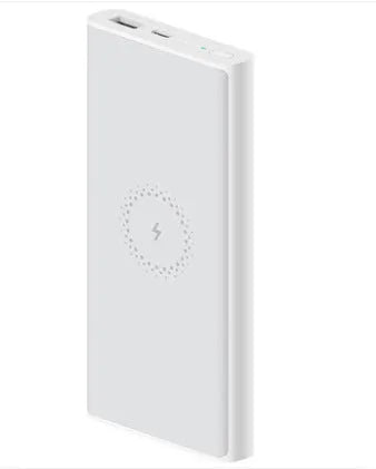 White and black large capacity 10000mAh power bank with USB-C port and wireless charging symbol.