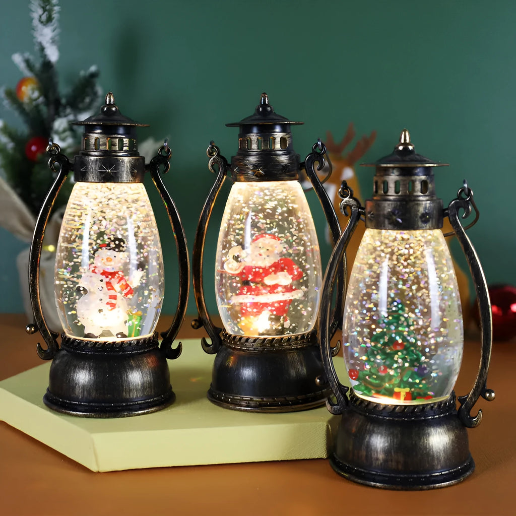 LED crystal ball Christmas decoration with illuminated oil lamp snowman figure on tabletop
