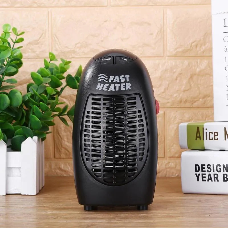 Black compact electric heater with digital display and rotating plug