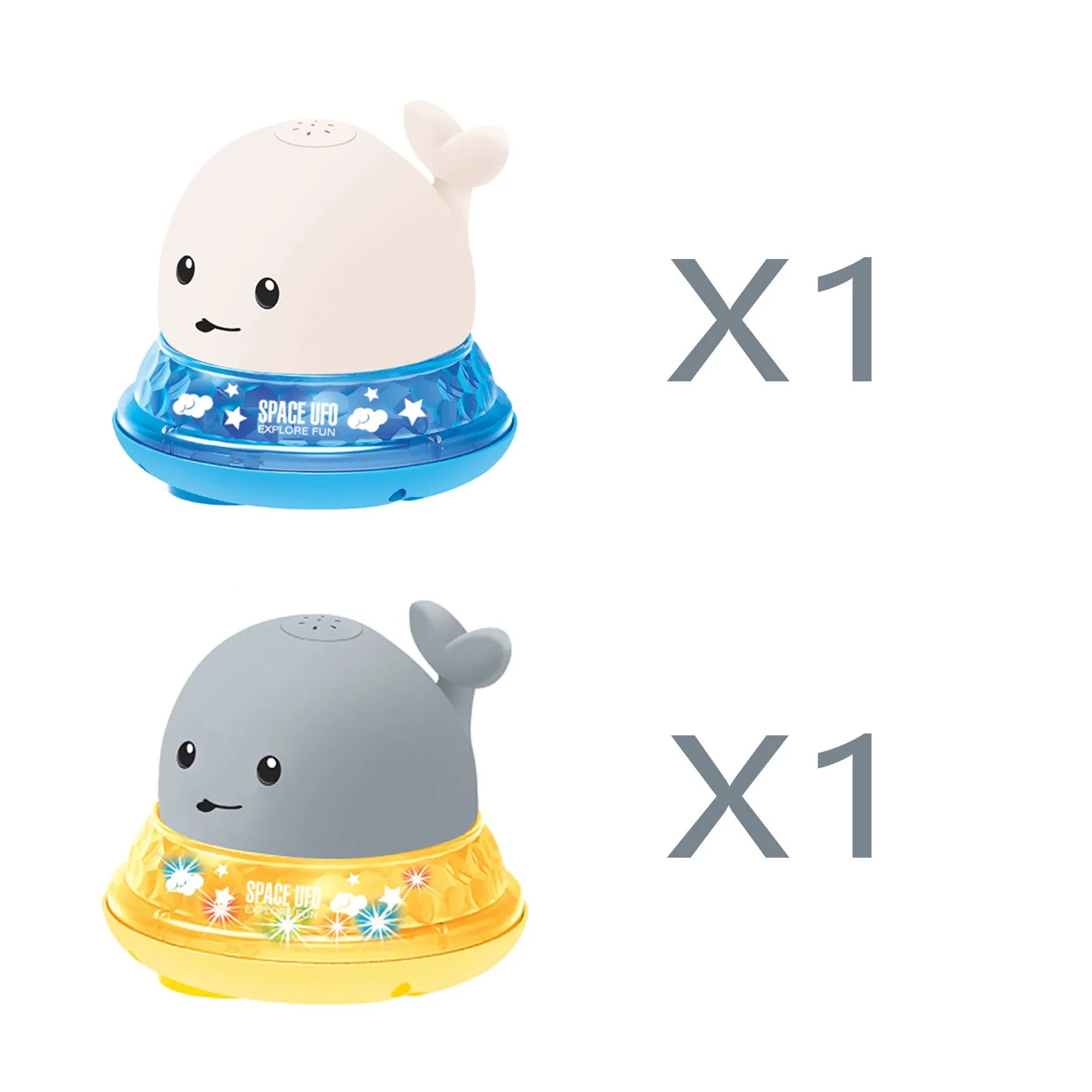 Whale-shaped baby bath toy with automatic water spray and colourful lights floating in water.