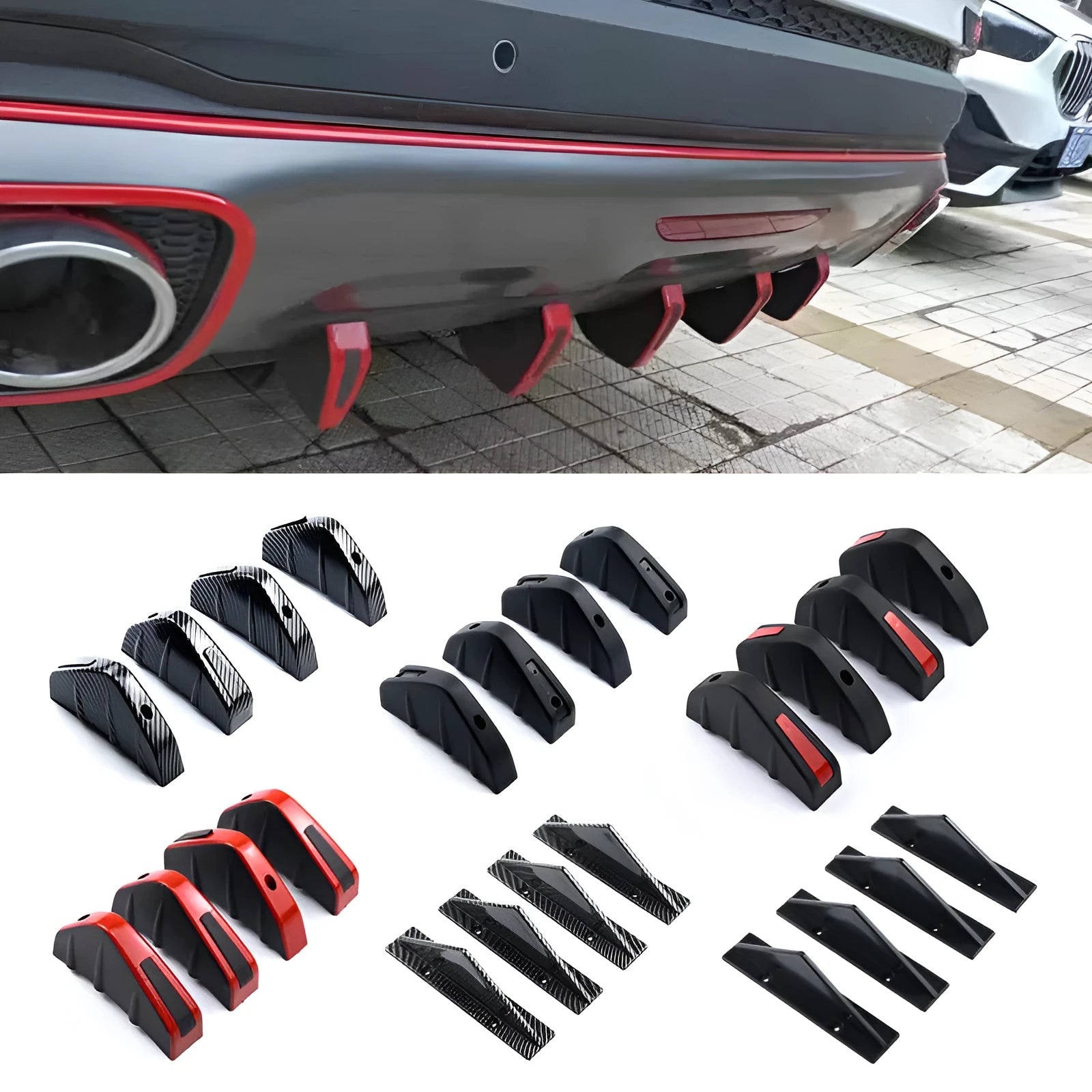Four triangular automotive rear spoiler units for General Motors vehicles with mounting hardware