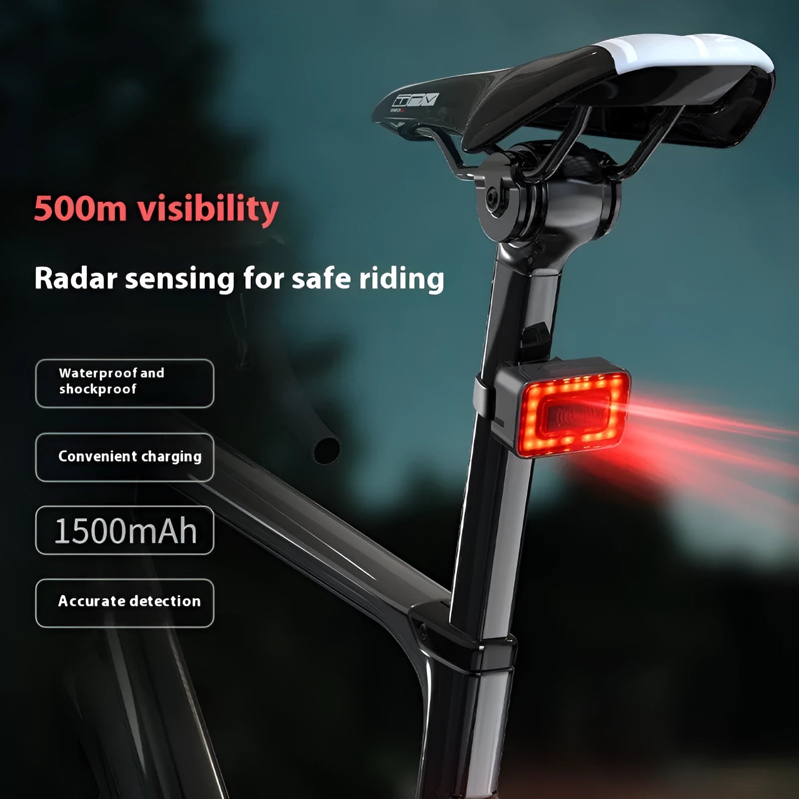 Smart radar bicycle taillight with double bracket mount showing dimensions and TYPE-C charging port