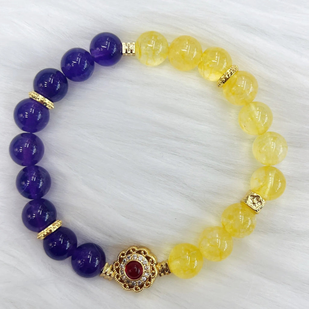 Handmade yellow and purple crystal women's bracelet with amethyst stones