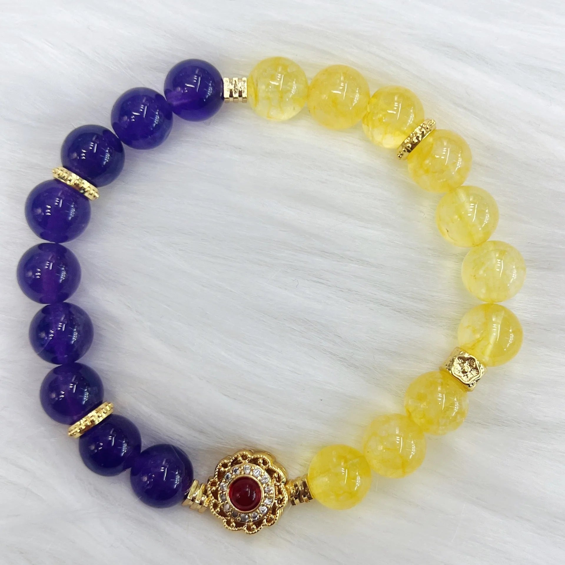 Handmade yellow and purple crystal women's bracelet with amethyst stones