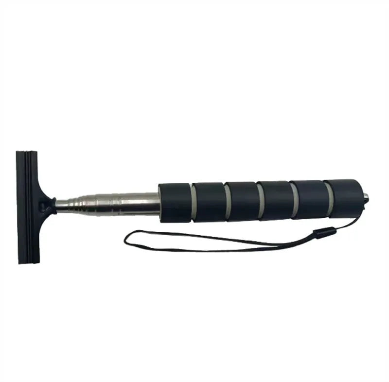 Stainless steel retractable car wiper clipped to a rearview mirror, shown in an extended position.