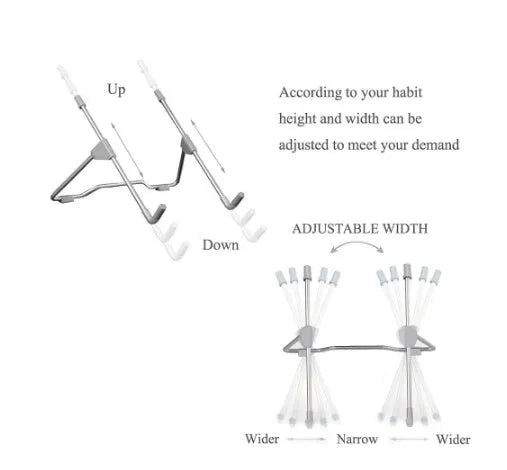 Grey aluminium alloy and plastic foldable stand holding a mobile phone and a laptop.