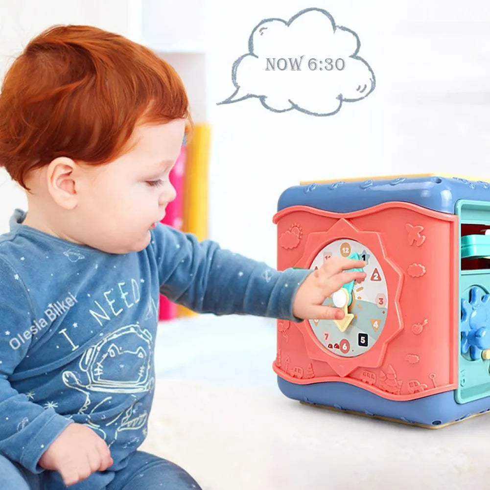Six-sided baby educational toy with bead maze, gears, clock, and shape recognition activities