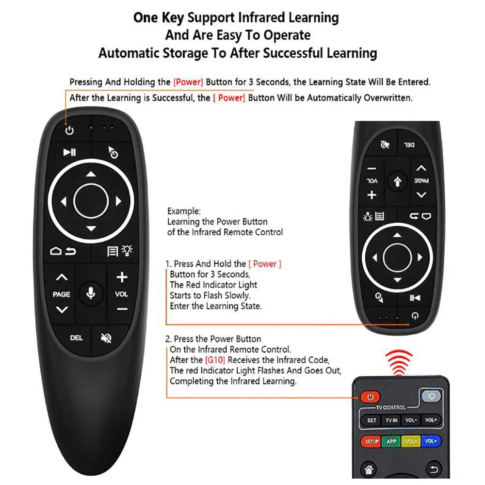G10 and G10S Pro intelligent wireless voice remote controls on a table, showing silicone buttons and plastic shell.