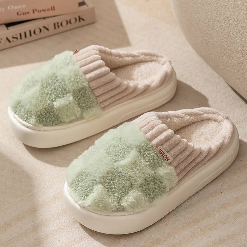 Women's plaid pattern plush indoor slippers with coral velvet upper and anti-slip sole in coffee colour.