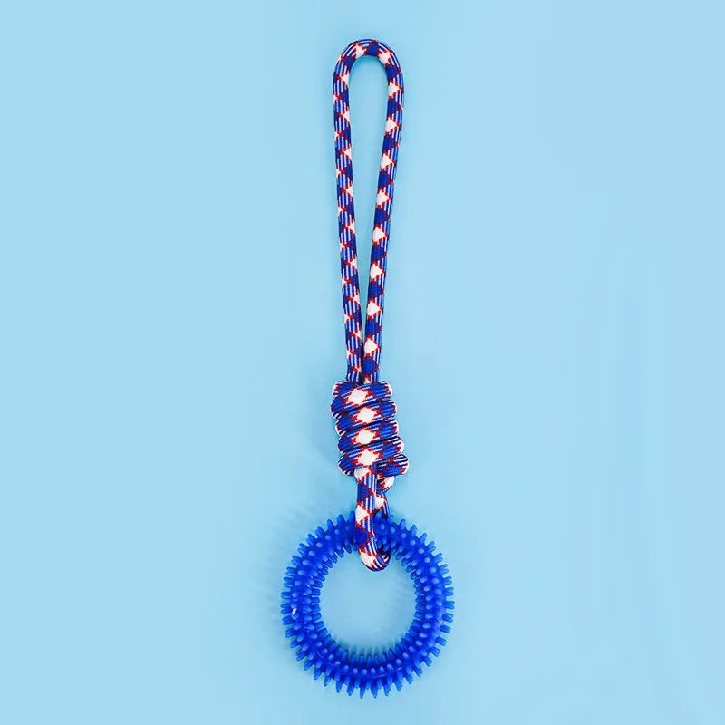 Colourful braided rope dog toy with knots, 43 cm long, for puppies and small dogs