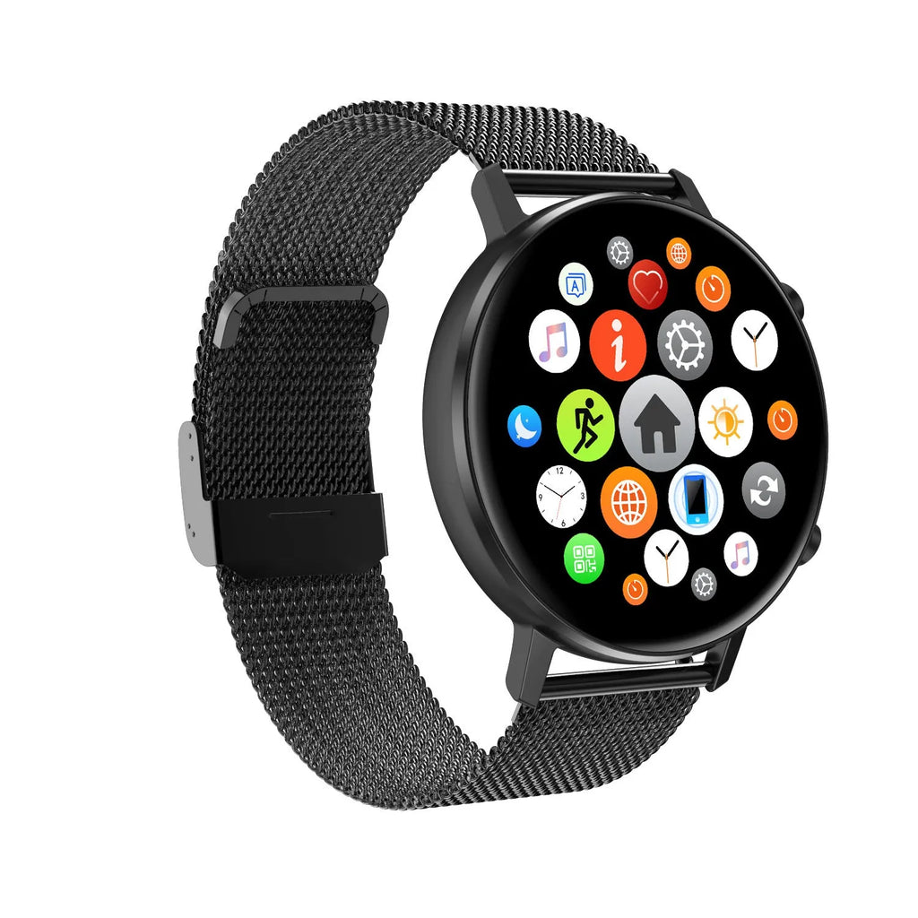 DT96 smart fitness tracker bracelet with steel strap on wrist showing 1.3 inch screen