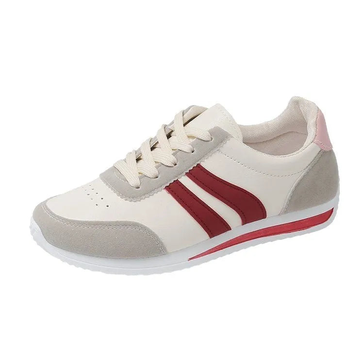 Red and blue lace-up leisure sneakers with soft rubber soles and mesh upper