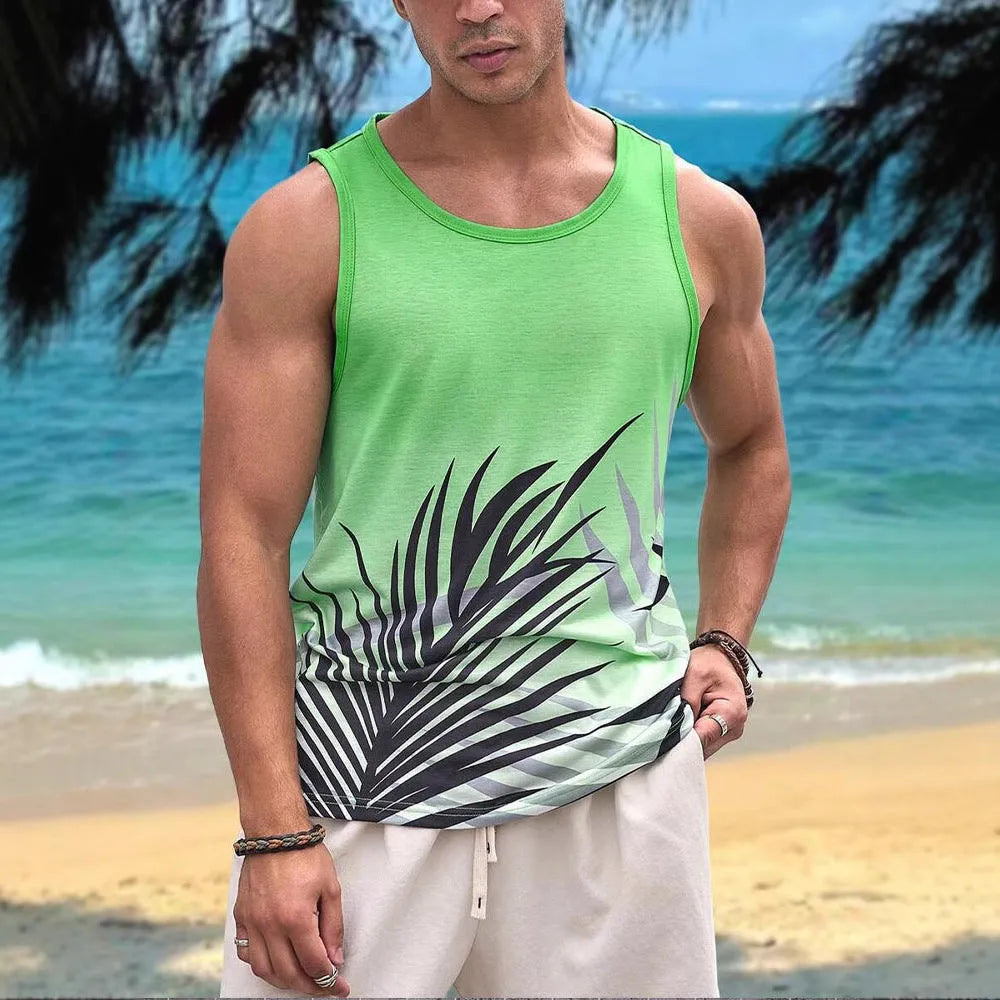Men's 3D printed Hawaiian style sleeveless vest t-shirt in solid colour with polyester fabric