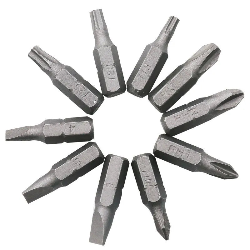 L rod double-headed socket wrench handle with a set of 10 steel drill bits laid out.